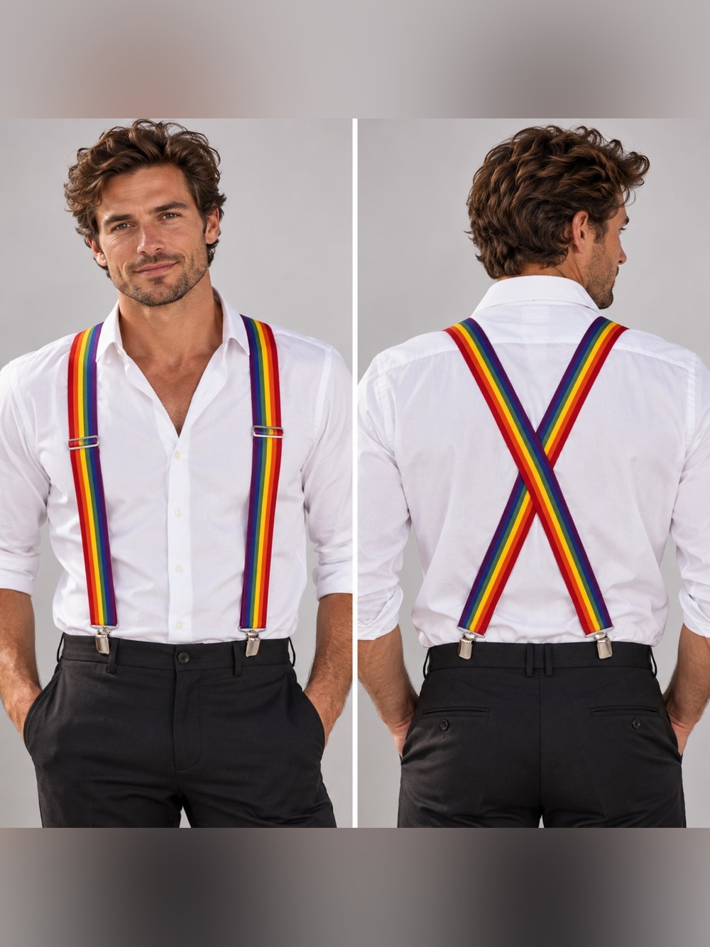 Rainbow Braces Mens Clip On Trouser Braces Suspenders Pride Gay Support 80s 90s